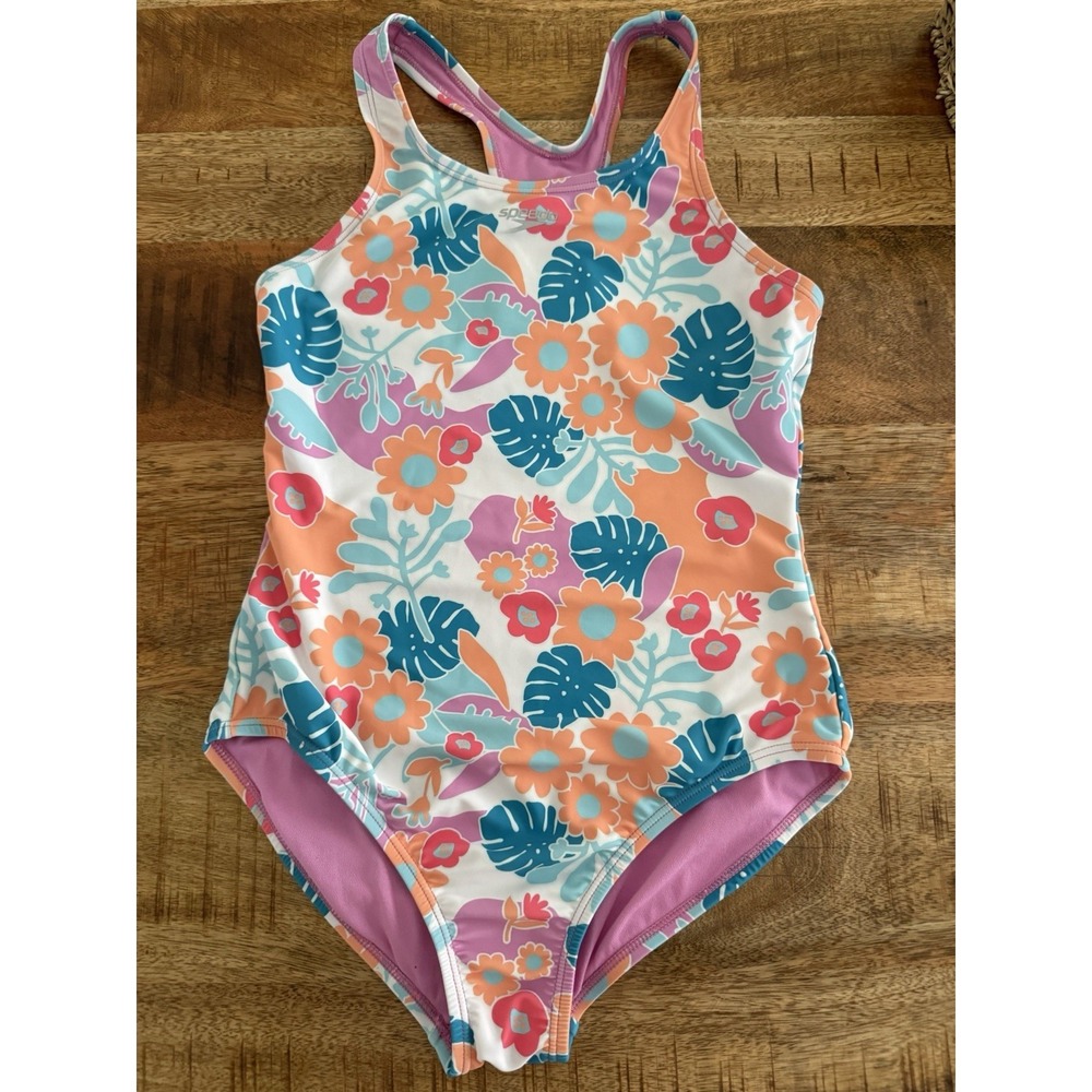Speedo Girls One Piece Swimsuit Size 12 Floral‎ Tropical Racerback Pink Lined